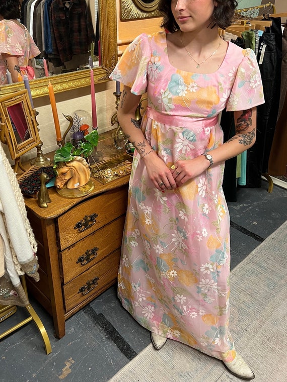 Vintage 60s Prairie Dress Pink Puff Sleeve Maxi D… - image 1