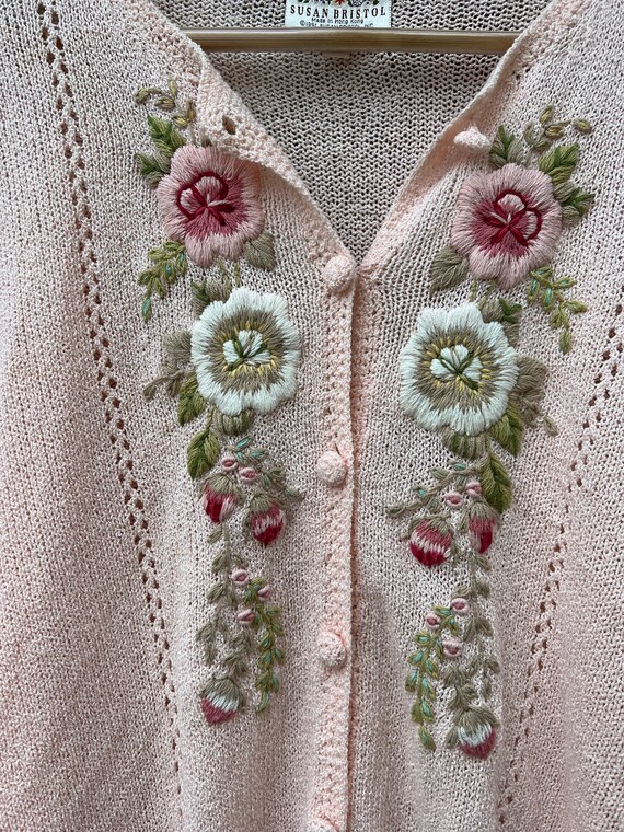Vintage Pink Hand Knit Floral Cardigan / Cottagec… - image 2