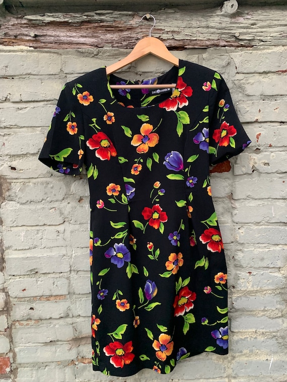 Vintage Black Floral Spring Dress / mini black fl… - image 1