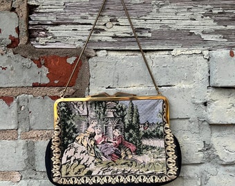 Vintage 60s Tapestry Needlepoint Purse with Brass Clasps / Made in West Germany / Shoulder bag / Handmade