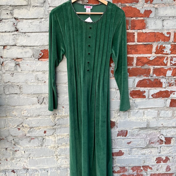 Vintage 90s Moss Green stretchy Velvet Long Sleeve Dress / Green Cottagecore Dress