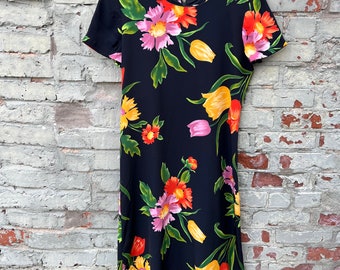 Vintage 90s Black Spring Floral Midi Dress / Large Floral Print / Midsize vintage / Women's 8/10