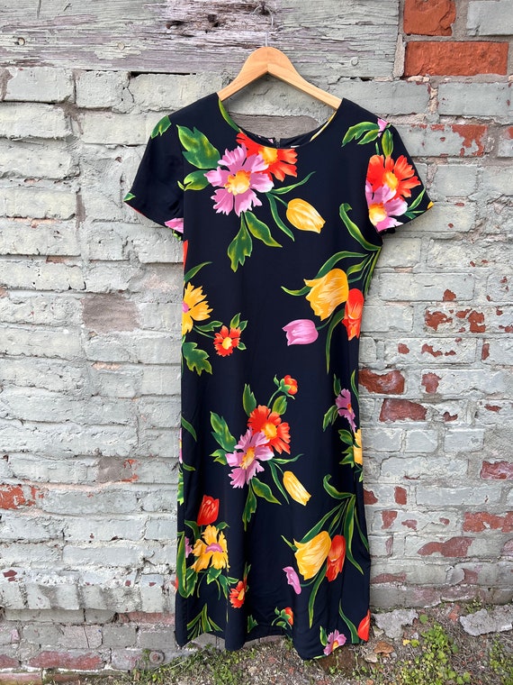 Vintage 90s Black Spring Floral Midi Dress / Larg… - image 1