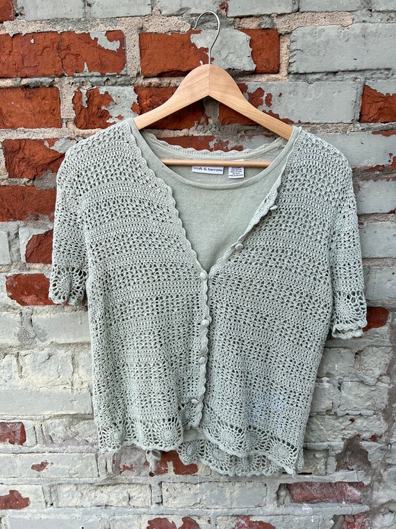 Vintage 90s/Y2K Sage Green Crochet Cardigan Blous… - image 2