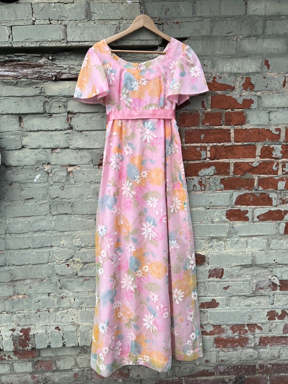 Vintage 60s Prairie Dress Pink Puff Sleeve Maxi D… - image 2