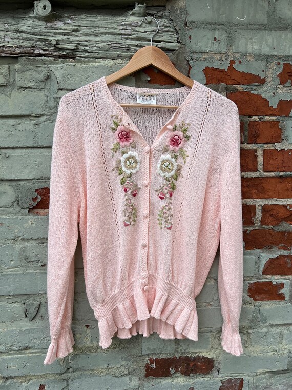 Vintage Pink Hand Knit Floral Cardigan / Cottagec… - image 1