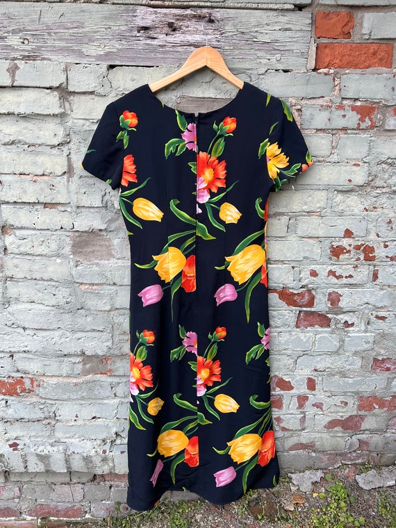 Vintage 90s Black Spring Floral Midi Dress / Larg… - image 2