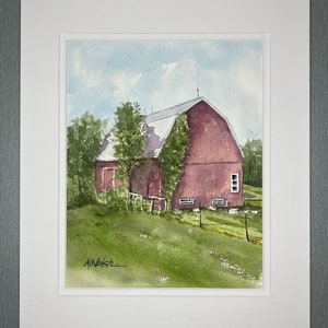 Red Barn Watercolor Painting: Original Farm Landscape Art (11x14 in Mat ...