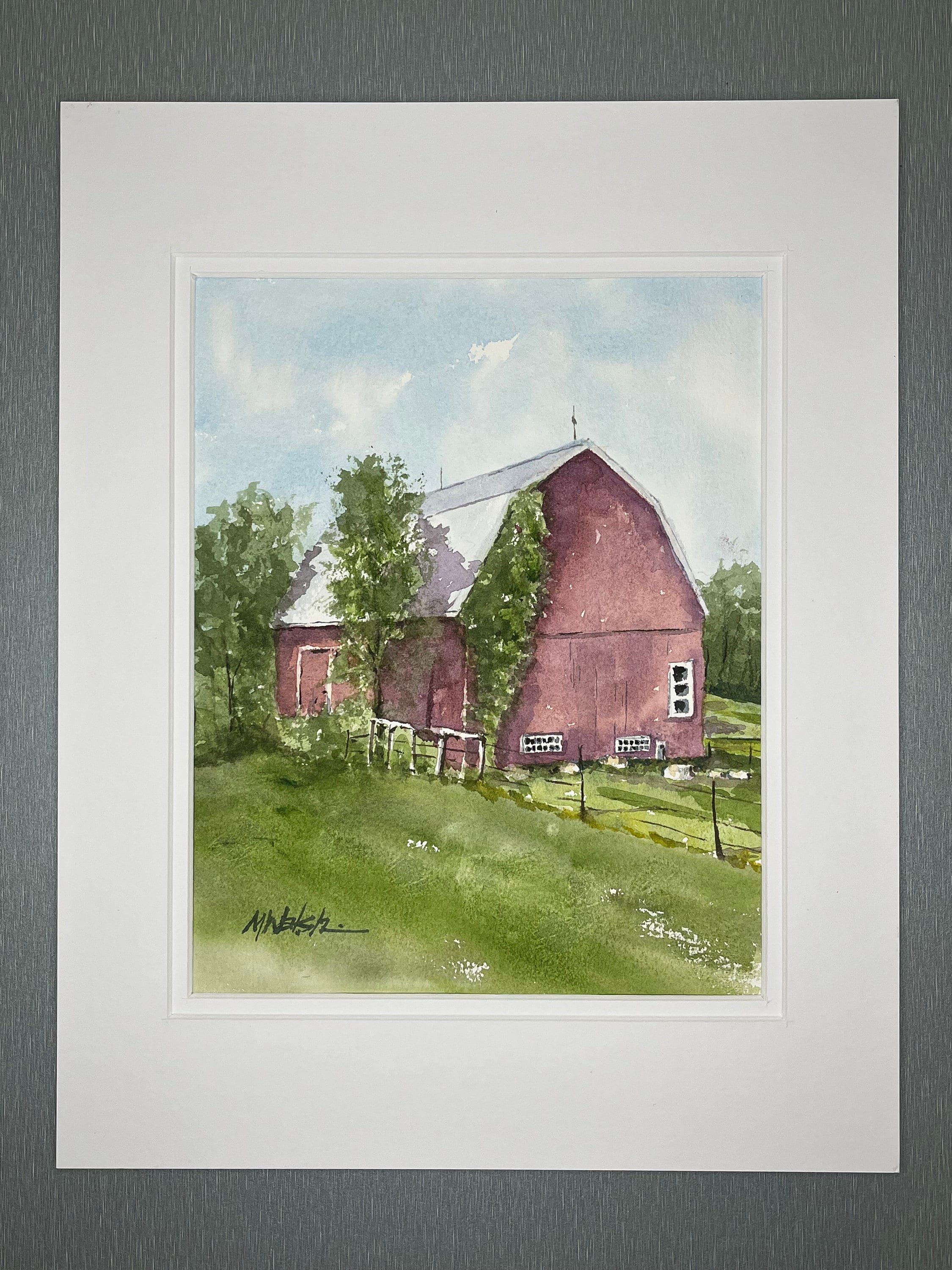 Red Barn Watercolor Painting: Original Farm Landscape Art (11x14 in Mat ...