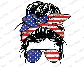 American mom PNG | American messy bun PNG | Mom Life PNG | Messy Bun png | Sublimation design |  Bandana png | Women Glasses | #Momlife