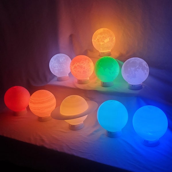 Planet Lamp, 16 Color LED Night Light, 3D Printed, Touch and Remote Control, USB or AA Battery Powered, 6 Inch, Solar System Set