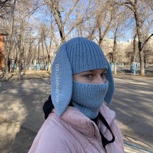 Adult Bunny balaclava hat Knitted bunny hood Rabbit ear hat adult