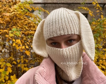 Adult Bunny Balaclava Hat Knitted Bunny Hood Rabbit Ear Hat