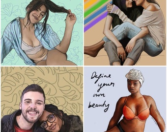 May include: Four illustrations of people with different backgrounds and styles. The first image shows a person with long dark hair wearing a light blue top and a white bra. The second image shows two people embracing, one with long dark hair and the other with long dark hair and a rainbow background. The third image shows two people with dark hair, one wearing a black shirt and the other wearing a black shirt and a black and white patterned shirt. The fourth image shows a person with dark hair wearing a black and white patterned shirt and a black and white patterned shirt. The text "Define your own beauty" is written in black on a white background.