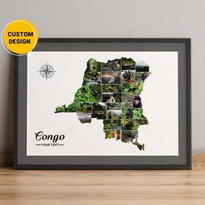 Aangepaste collage kaart Congo, fotocollagekaart van Congo, kaart van Congo in Afrika, aangepaste verjaardagscadeau, unieke cadeaus voor kerst, kaart kunst aan de muur
