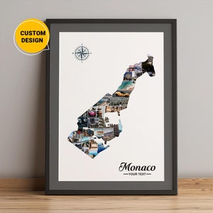 Personalzied kaart van Monaco, fotocollagekaart van Monaco, land van Monaco kaart geschenken, Monaco op wereldkaart, kaart Monaco Europa, kaart kunst aan de muur