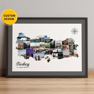 Aangepaste Turkije kaart fotocollage, Turkije landkaart, unieke cadeaus voor kerst, wereldkaart kunst aan de muur, collagekaart van Turkije, Turkije op een kaart