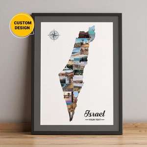 Aangepaste kaart van Israël, fotocollage cadeau voor Israël, kaartcollagecadeaus uit Israël, unieke cadeaus voor kerst, Israël op kaart muurkunst