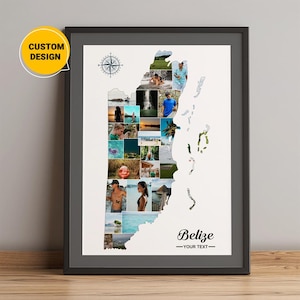 Mapa personalizado de Belize, Mapa de colagem de fotos de Belize, Mapa da cidade de Belize, Mapa de Belize América Central, Mapa do país de Belize, Arte de parede do mapa-múndi