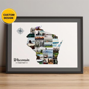 Carte personnalisée du Wisconsin, collage de photos de carte du Wisconsin, carte du comté du Wisconsin, carte du Wisconsin des villes, carte du Wisconsin Etats-Unis, carte cadeau photo