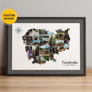 Aangepaste kaart Cambodja, fotocollagekaart van Cambodja, fotokaart Azië Cambodja, landkaart Cambodja, kaart Cambodja wereldkaart muurkunst