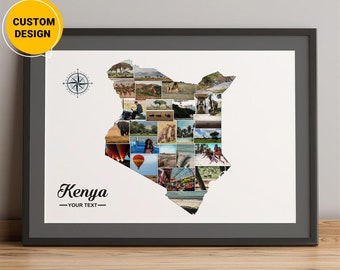 Gepersonaliseerde cadeaus kaart Kenia Afrika, fotocollage kaart van Kenia Afrika, kaart Kenia land unieke cadeaus voor kerstmis, Kenia op wereldkaart