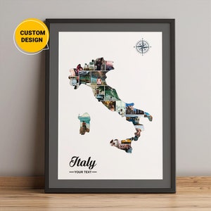 Benutzerdefinierte Fotocollage Karte von Italien, Collage Kartenkunst, Italien Karte in Europa, Karte von Italien Regionen, Karte von Italien mit Städten, Weltkarte Wandkunst