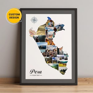 Personalzied Peru Karte, Fotocollage Geschenke aus Peru, Peru Landkarte, Peru auf Weltkarte Collage, Karte Geschenke Geschenke, Weltkarte Wandkunst