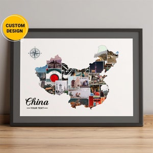 Carte de la Chine personnalisée, collage photo de carte de la Chine, collage de cartes en Chine, cadeaux d'anniversaire de la Chine, carte du pays de la Chine, carte murale de la Chine, cadeaux carte