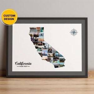 パーソナライズされたカリフォルニア地図、カリフォルニアの写真コラージュ地図、カリフォルニアの郡地図、カリフォルニアのアドベンチャー地図、カリフォルニアの都市地図