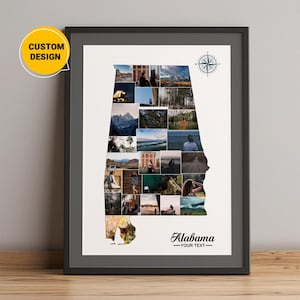 Aangepaste kaart van Alabama, fotocollagekaart van Alabama, kaartcollage van steden van Alabama, kaart van Alabama, Verenigde Staten, staatskaart Alabama, wereldkaart kunst aan de muur