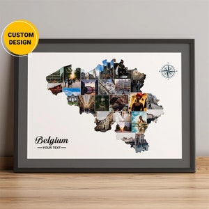 Collage photo personnalisé carte de la Belgique, collage de carte cadeaux Belgique, meilleur cadeau de Noël, carte du pays de la Belgique, carte de la Belgique Europe, art mural carte