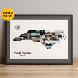 Kaart van Noord-Carolina, fotocollage kaart van Noord-Carolina, kaart van steden van Noord-Carolina, kaart kunst aan de muur van Noord-Zuid-Carolina