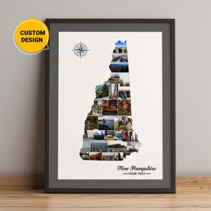 Gepersonaliseerde kaart van New Hampshire, fotocollagekaart van New Hampshire, kaart van New Hampshire VS, kaart van New Hampshire op kaart, wereldkaart kunst aan de muur