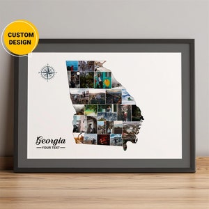Cadeaux personnalisés de collage de photos de carte de la Géorgie, carte du comté de Géorgie, carte de l'état de la Géorgie, carte de la Géorgie avec des villes, art mural de carte de pays de la Géorgie