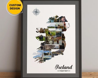 Gepersonaliseerde kaart van Ierland, Ierland kaart fotocollage geschenken, kaart Ierland County, kaart steden Ierland, kaart van Ierland Europa, kaart collagekunst
