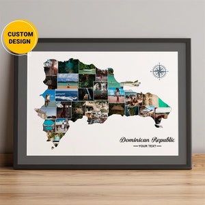 Aangepaste kaart Dominicaanse Republiek, fotocollagekaart van Dominicaanse Republiek, Dominicaanse Republiek op kaart, Dominicaanse Republiek landkaart kunst aan de muur