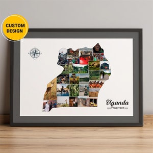 Aangepaste kaart Oeganda Afrika, fotocollagekaart van Oeganda, landkaart Oeganda, kaart van Oeganda in Afrika, Oeganda Oost-Afrika kaart kunst aan de muur