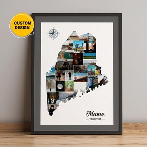 Gepersonaliseerde kaart van Maine, fotocollagekaart van Maine, kaart van Maine County, kaart collage County kaart van Maine, Verenigde Staten, kaart van staat Maine, kaartkunst aan de muur
