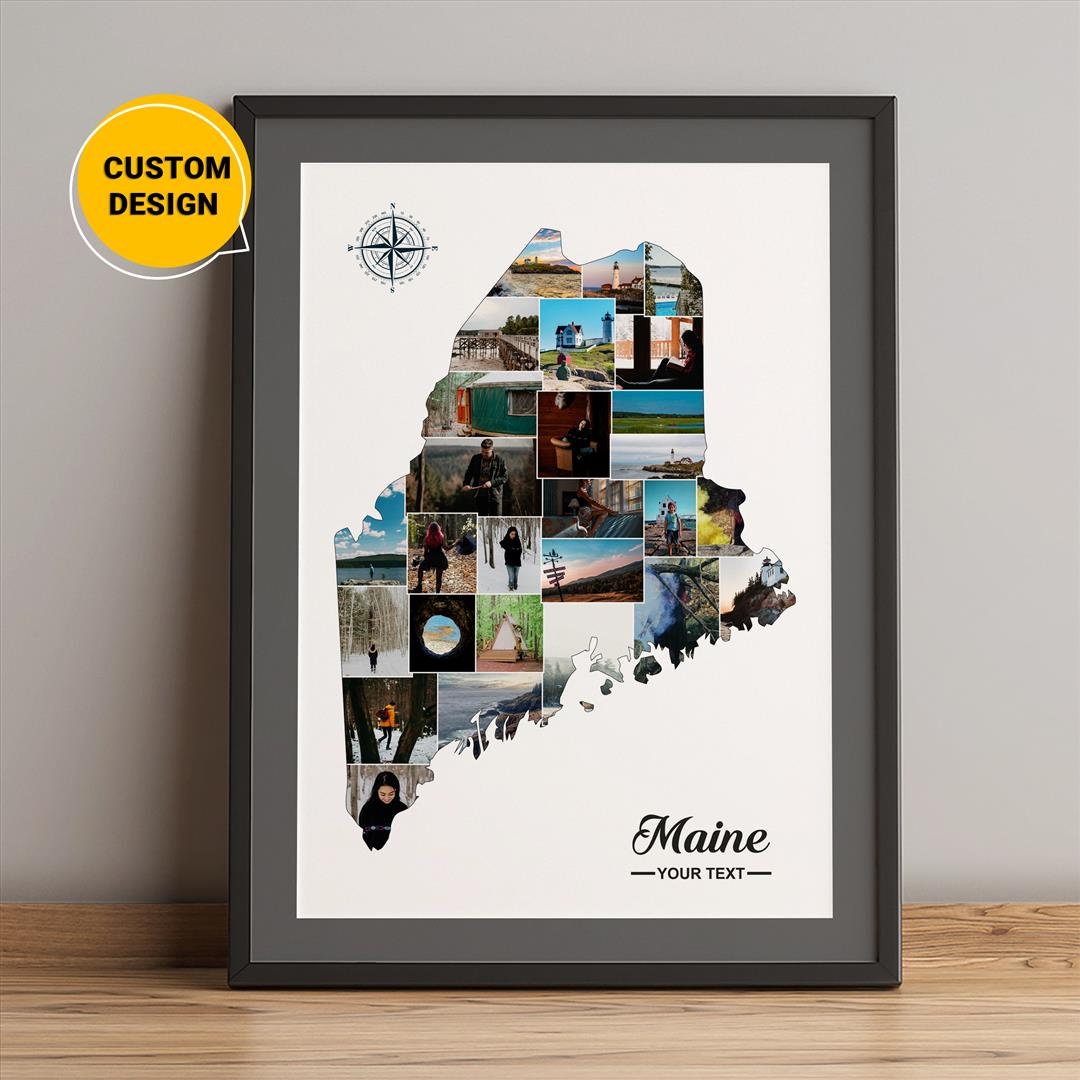 Personalized Maine Map, Photo Collage Map Of Maine, Maine County Map, Map Collage County Map Of Maine Usa, State Of Maine Map, Map Wall Art