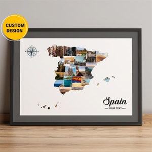 Benutzerdefinierte Foto Spanien Karte, Collage Karte von Spanien, Karte von Spanien mit Städten, Spanien Land Weltkarte, Spanien Karte in Europa, Weltkarte Wandkunst