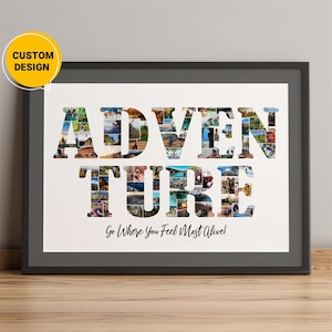 Regalos de aventura personalizados, regalos de collage de fotos con letras para aventureros, citas sobre aventuras, regalos de aventuras para él, amor por las aventuras