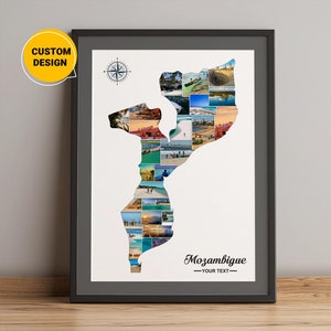 Aangepaste fotocollage kaart Mozambique, fotocollagekaart van Mozambique, kaart Afrika Mozambique, landkaart Mozambique, kaartcollagekunst