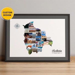 Mapa personalizado da Bolívia com fotos, mapa de colagem de fotos da Bolívia, mapa da Bolívia na América do Sul, mapa do país da Bolívia, mapa mundial da Bolívia, arte de parede