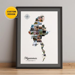 Aangepaste kaart Myanmar, fotocollagekaart van Myanmar, cadeaus landkaart Myanmar, kaart Myanmar Azië, wereldkaart Myanmar, wereldkaart kunst aan de muur