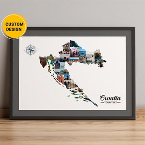 Gepersonaliseerde kaart van Kroatië, fotocollagekaart van Kroatië, kaart Kroatië Europa, kaart Kroatische steden, kaart van Kroatië op kaart van Europa wereldkaart kunst aan de muur