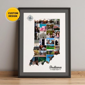 Carte personnalisée des comtés de l'Indiana, carte de l'Indiana avec collage de photos, carte photo des villes de l'Indiana, carte de l'État de l'Indiana, carte de l'Indiana aux États-Unis