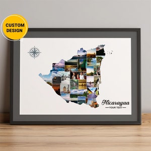 Presentes de colagem de fotos de mapa personalizado da Nicarágua, mapa do país da Nicarágua, mapa da Nicarágua na América Central, Nicarágua em um mapa-múndi, arte de parede de mapa-múndi