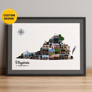 Carte de Virginie personnalisée, collage de photos de carte de la Virginie, carte de l'état de Virginie, carte des villes de Virginie, carte du comté, collage de cartes de voyage en Virginie