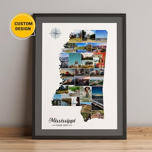 Gepersonaliseerde fotocollage kaart van Mississippi, Mississippi kaart kunst aan de muur, kaart staat Mississippi, kaart steden Mississippi kerstcadeau